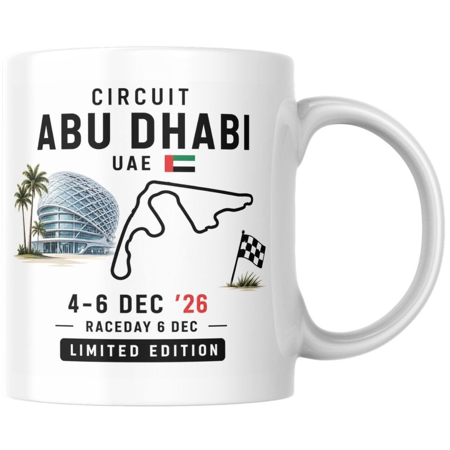 Keramische F1 circuit Abu Dhabi mok 2026 met circuitontwerp en racedata Grand Prix
