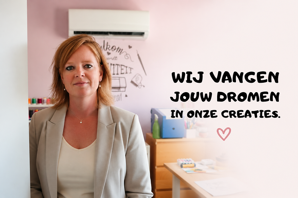 Judith in haar atelier met de tekst wij vangen jouw domen in ze creaties