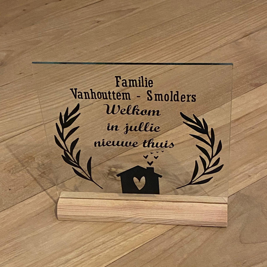 Glasplaat 15x15 cm met tekening en tekst op houten houde