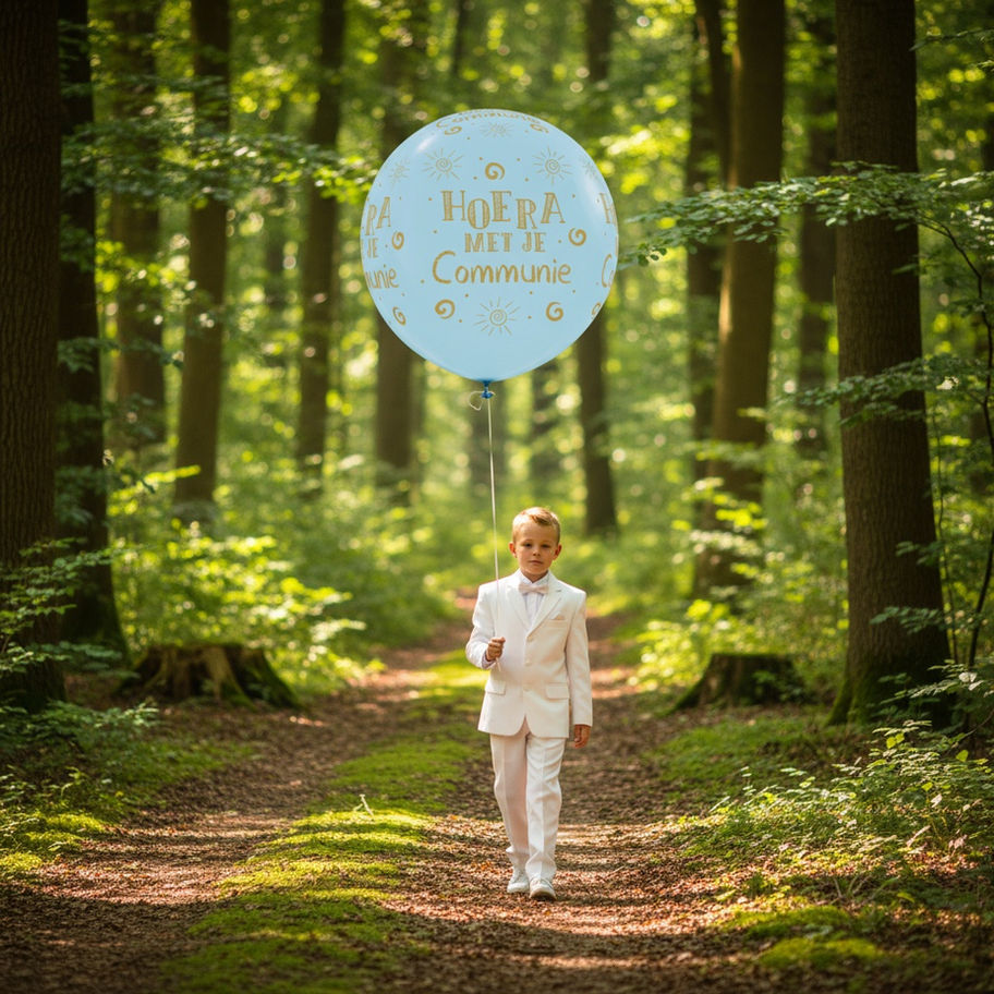 Jongen in wit pak met 'HOERA Mijn 1ste Communie' ballon in bos.