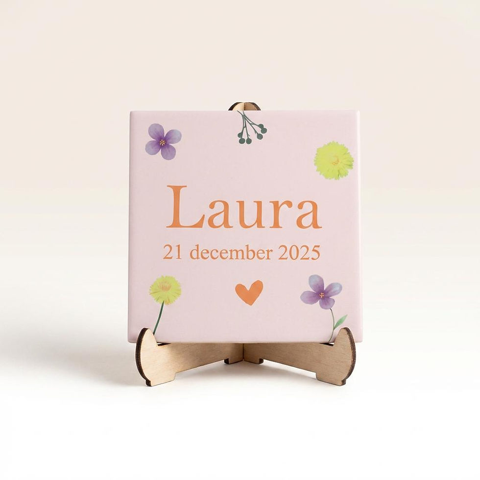 Geboortetegeltje op basis van geboortekaartje met naam en datum