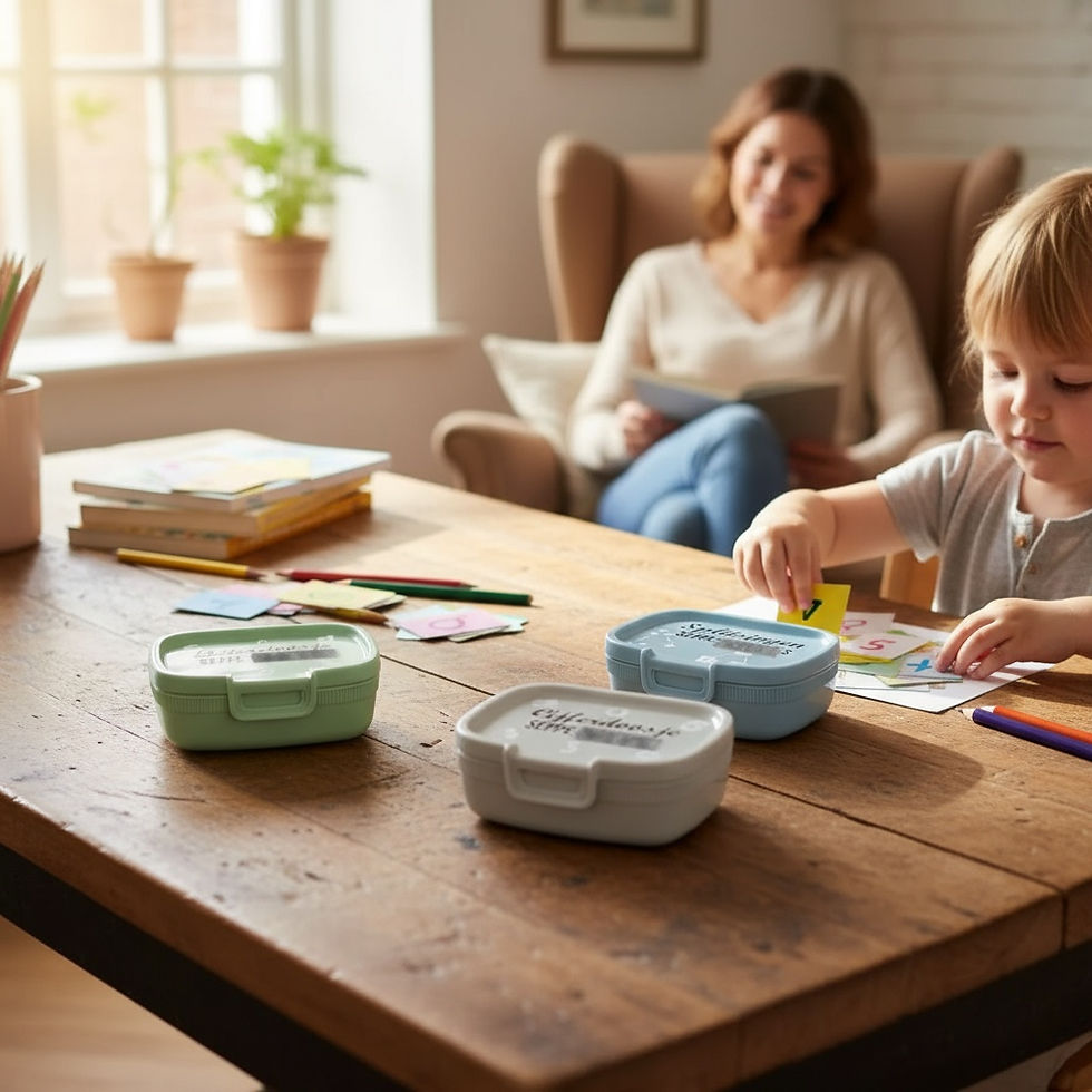 (kind aan tafel met drie doosjes, mama op achtergrond) Kind oefent thuis met gepersonaliseerde leerkaartdoosjes in groen blauw en grijs handgemaakt in België