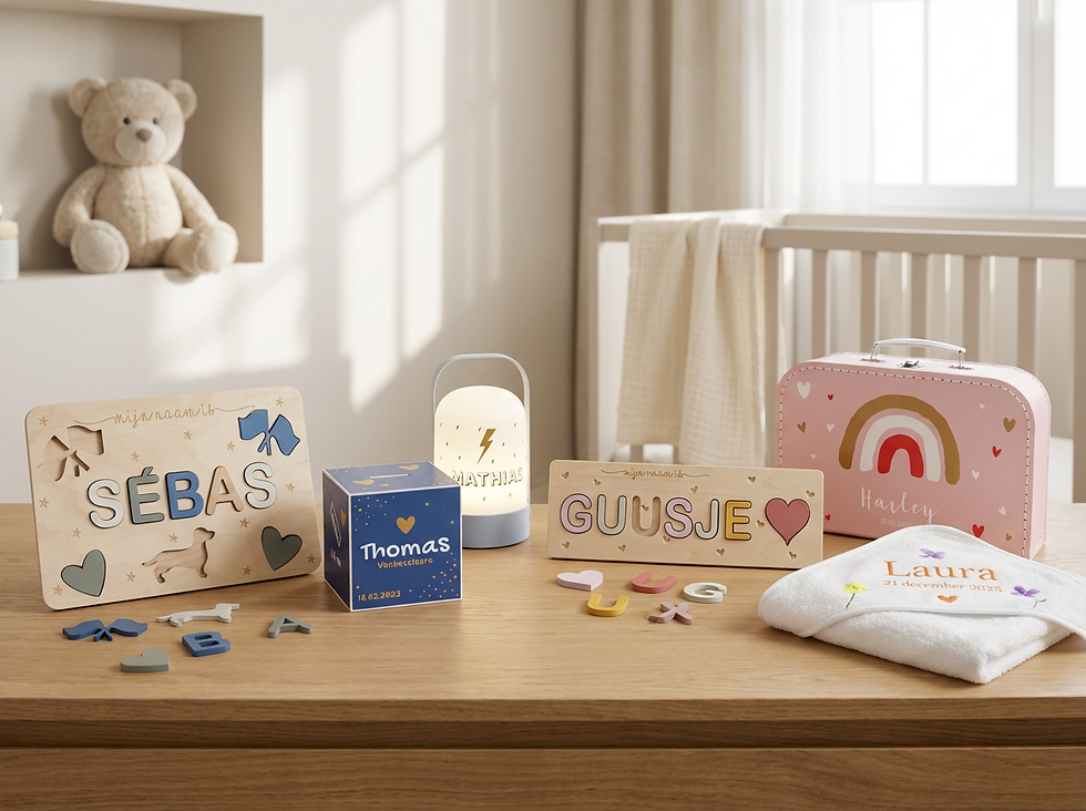 gepersonaliseerde geschenken, naampuzzels spaarpotje met naam, koffertje met naam, badcape met naam, led lampje mett naam, naampuzzels in een babykamer