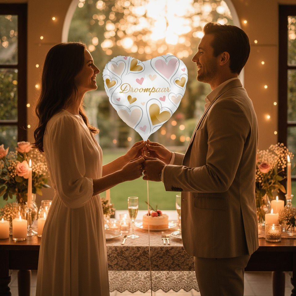 Paar met hartballon 'Proficiat' bij romantisch diner.