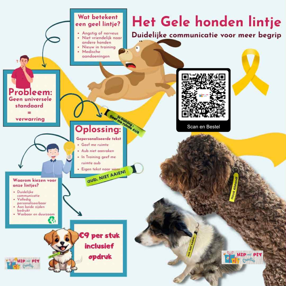 Gele hondenlintjes 'aub niet aaien' op twee honden.