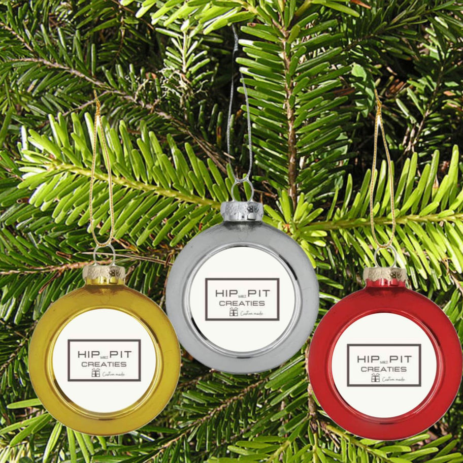 Gepersonaliseerde kerstbal bedrijfslogo goud zilver rood Ø80mm relatiegeschenk