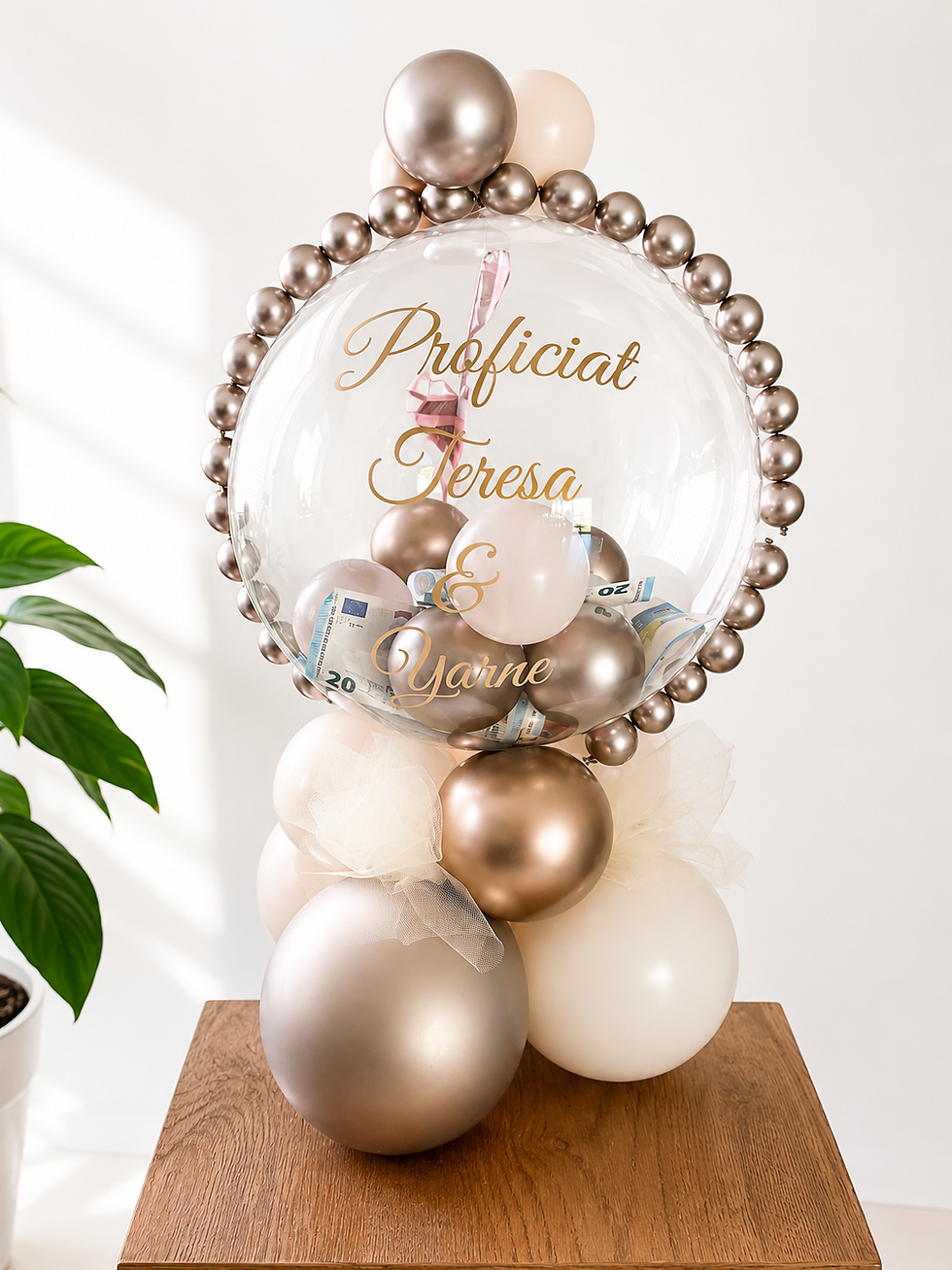 Cadeauballon met bubbels in goud en champagnetinten