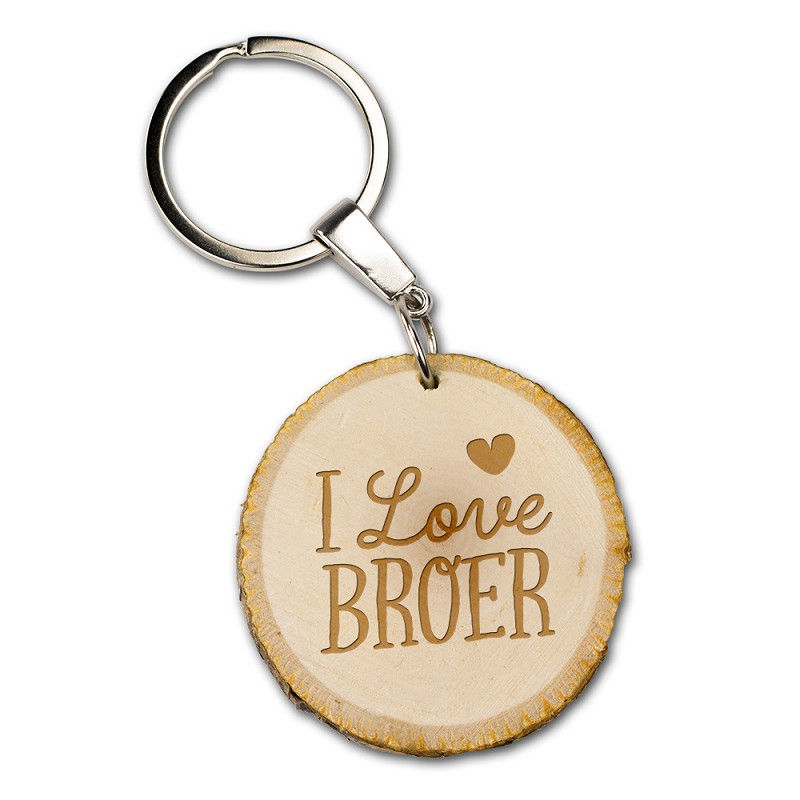 Houten sleutelhanger boomschijf i love broer met ring
