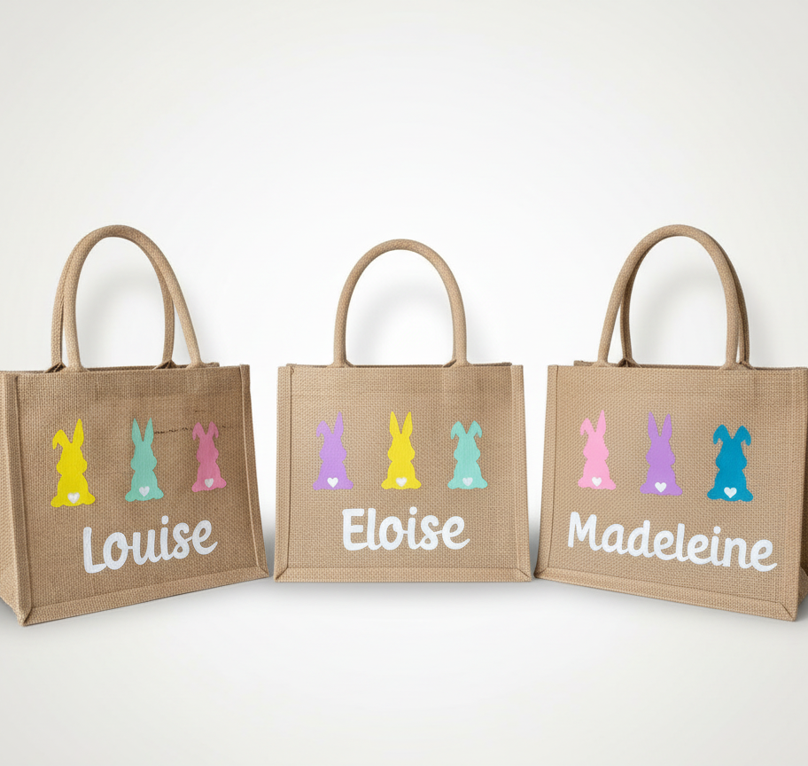 Jute paastas met naam gepersonaliseerd en 3 paashaasjes