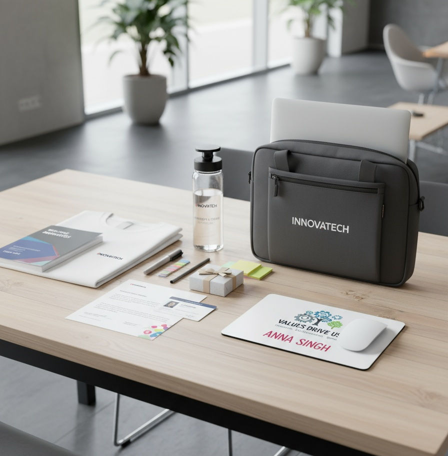 Bureau met Innovatech laptoptas, waterfles, documenten, muismat 'Anna Singh'.