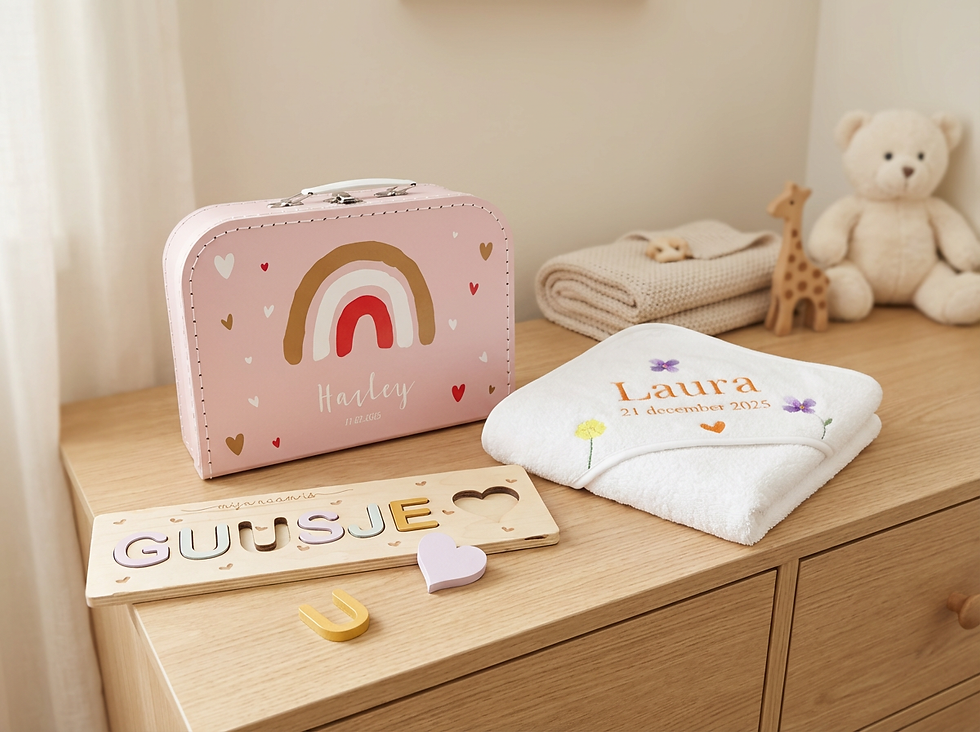 3 gepersonaliseerde babycadeaus samen kinderkamer koffertje met naam , badcape en een houten naampuzzel