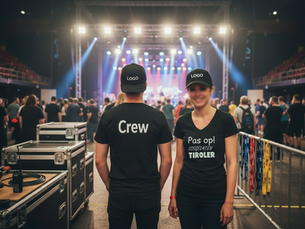 Bedrukte teamkleding in de praktijk: medewerkers met logo op rug op een event- of werksetting