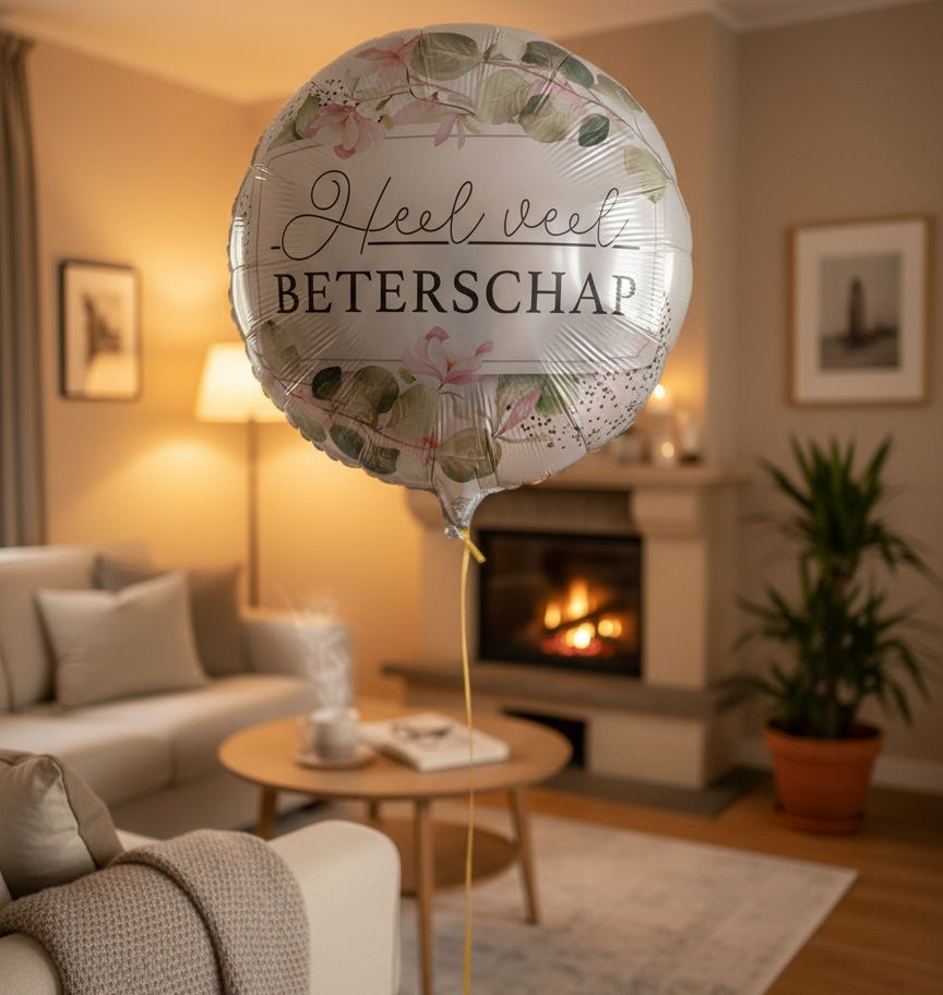 Ronde folieballon met 'Beterschap' in woonkamer.