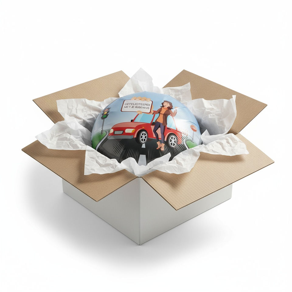 Open doos met rond object: illustratie van lifter en auto.