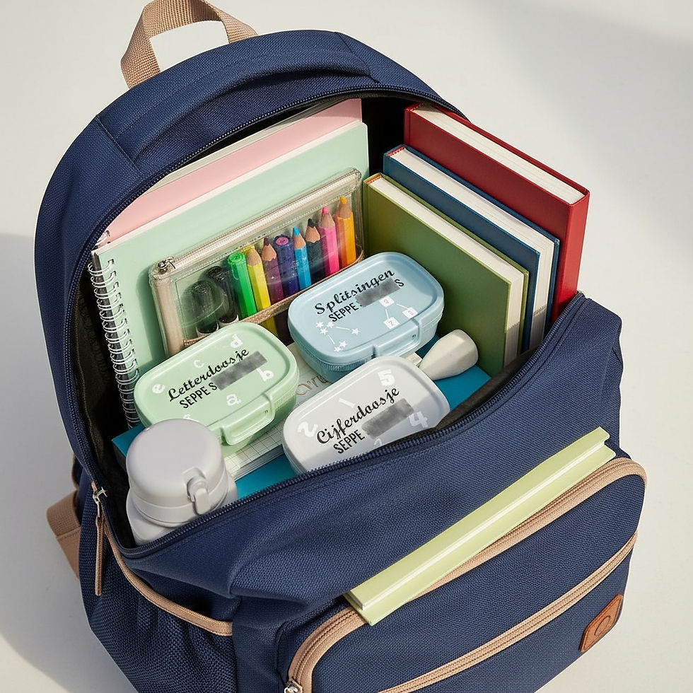 open schoolrugzak met gepersonaliseerde letterdoosje cijferdoosje en splitsingendoosje in groen blauw en grijs