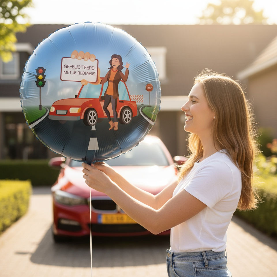 Vrouw met ballon 'Gefeliciteerd met je rijbewijs'