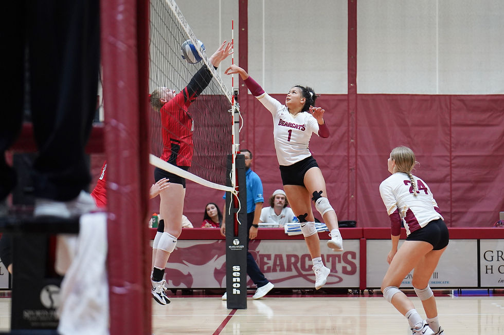 A volleyball player jumps, reaching across the net