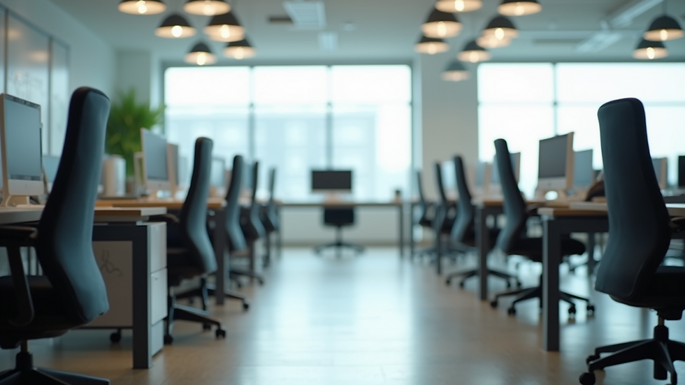 Eye-level view of a clean office space with organized desks