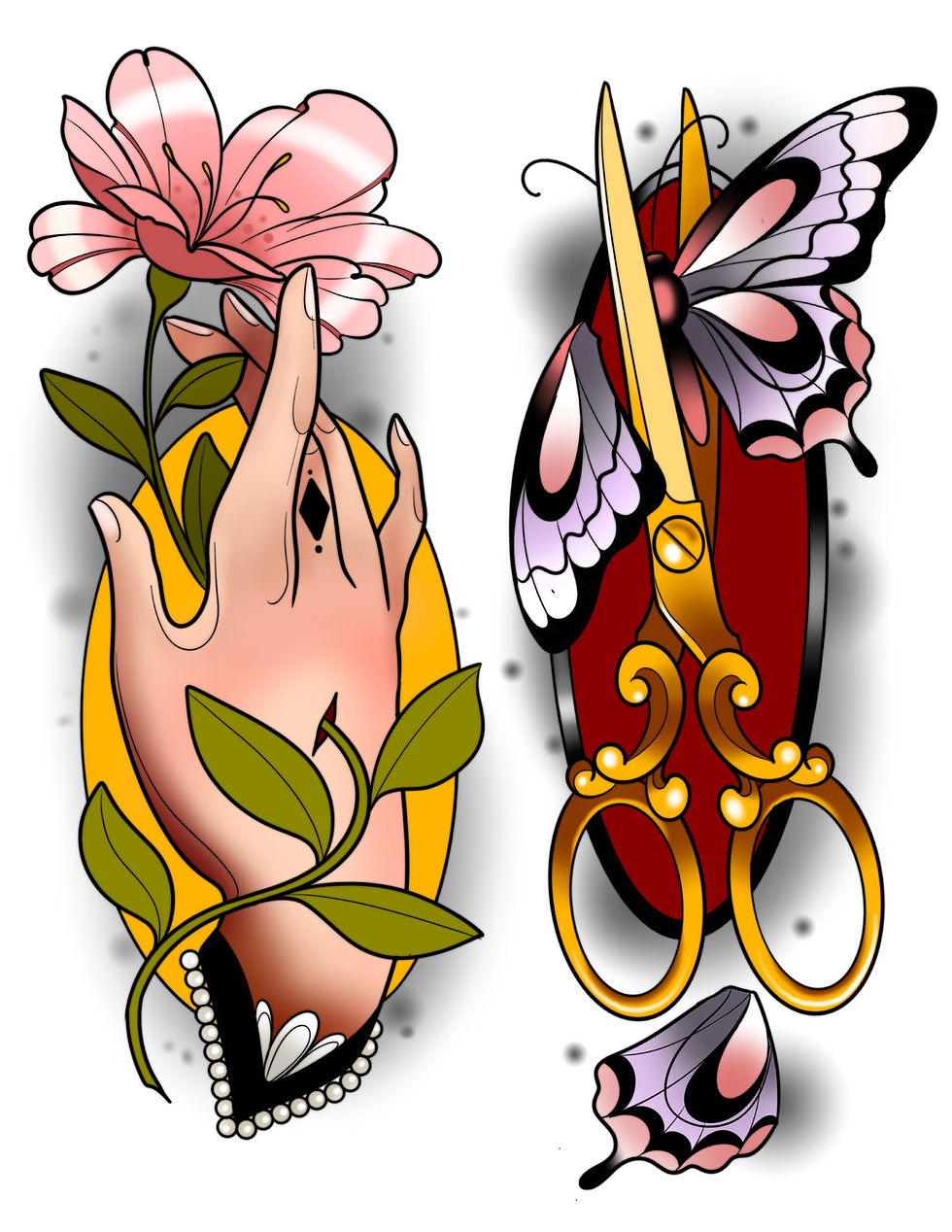 Neo-traditional design of hand placed over flower and a bright colored butterfly placed between a pa