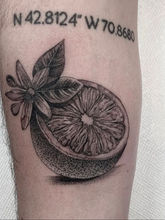 Fineline lemon shaded black and grey with textured dots on the inside of the forearm.
