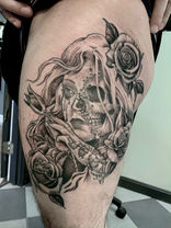 West Coast style lady head with half face half skull holding a rose bud