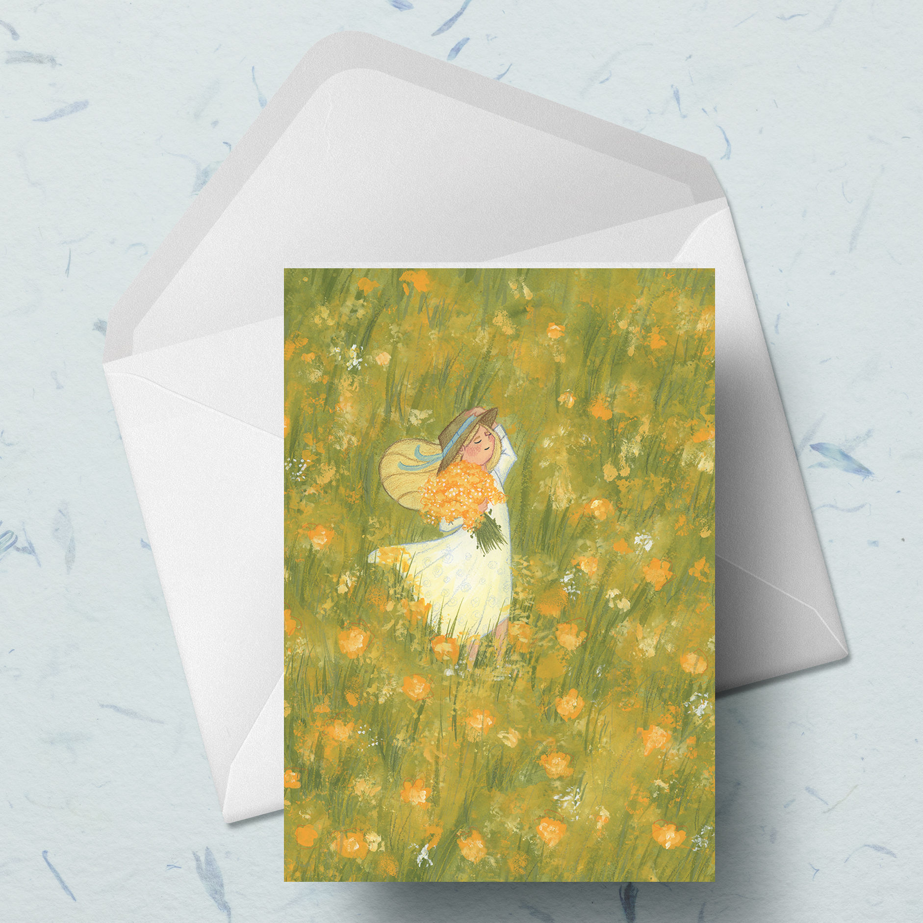 Greeting Card - Girl in a Field of Yellow Flowers