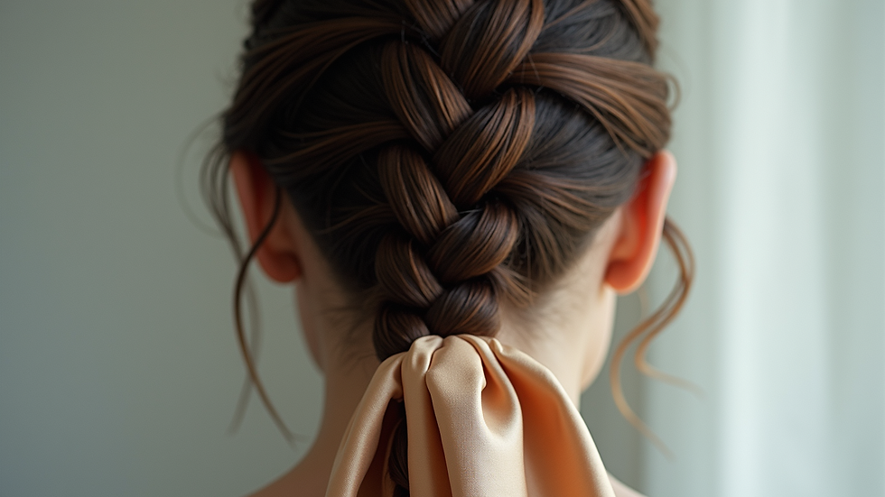 Close-up view of neatly braided hair with a satin scarf