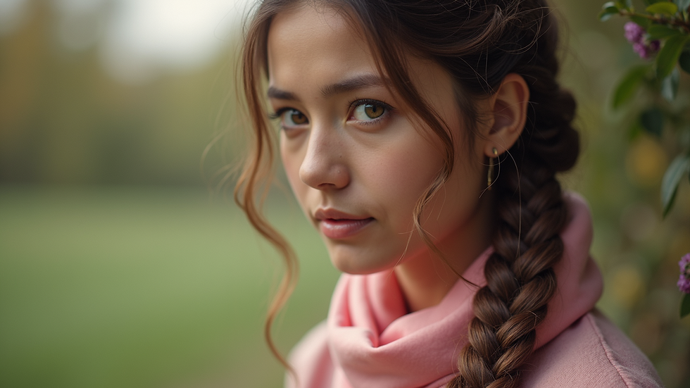 Eye-level view of satin scarf on braided hair