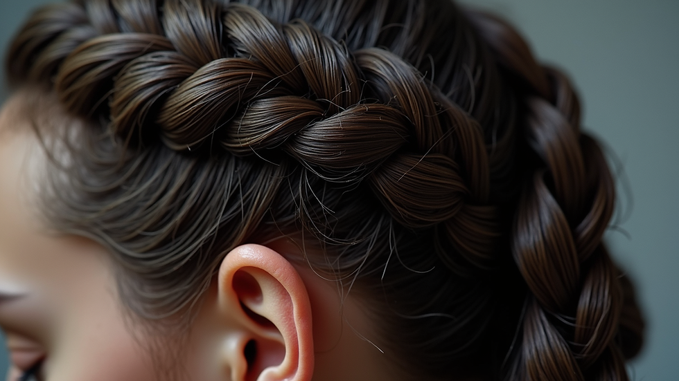 Close-up view of shiny braided hair with glossy finish