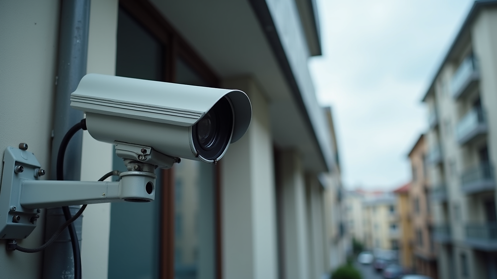 Close-up view of CCTV camera mounted on building exterior