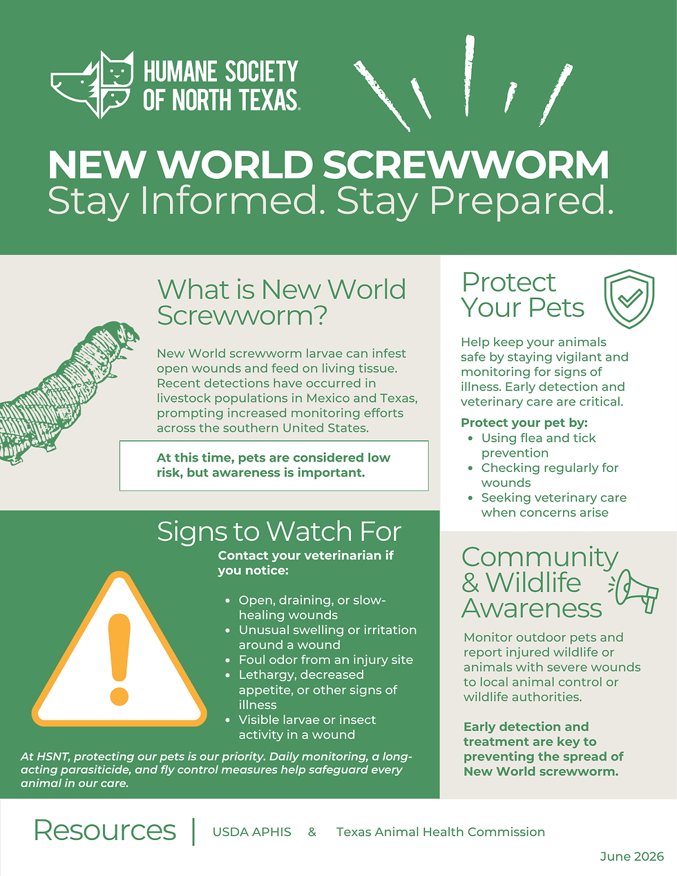 Green Humane Society of North Texas poster about new world screwworm, with worm graphic, warning icon, and pet safety tips.