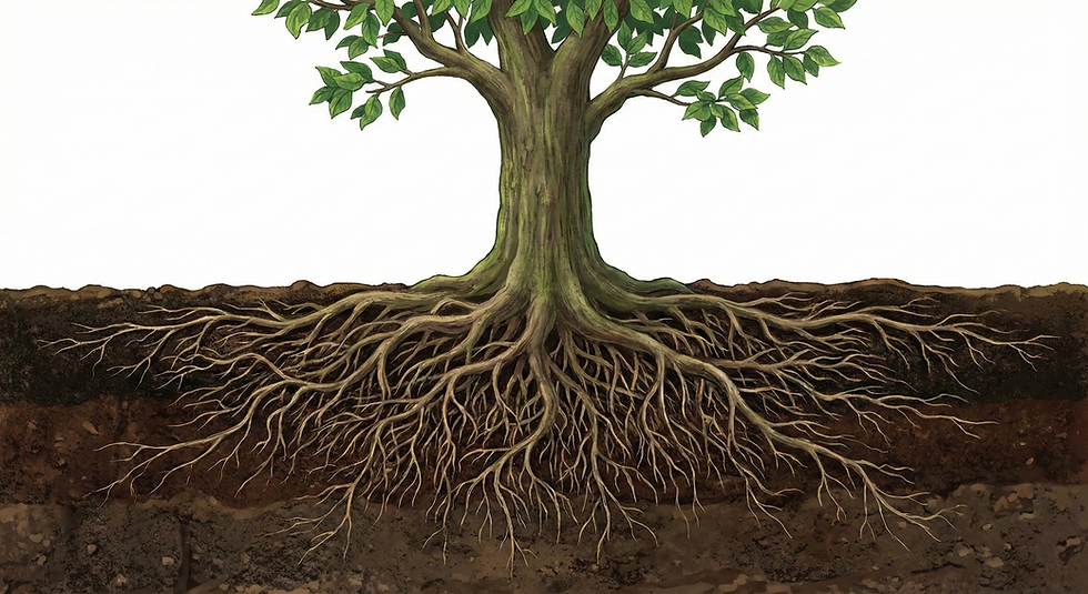 Tree with green leaves above ground, extensive roots visible underground, brown soil layers. Cross-section view, no text, earthy mood.