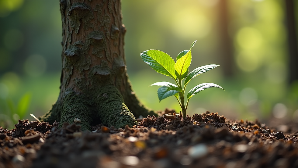 Close-up view of young tree trunk with mulch around base