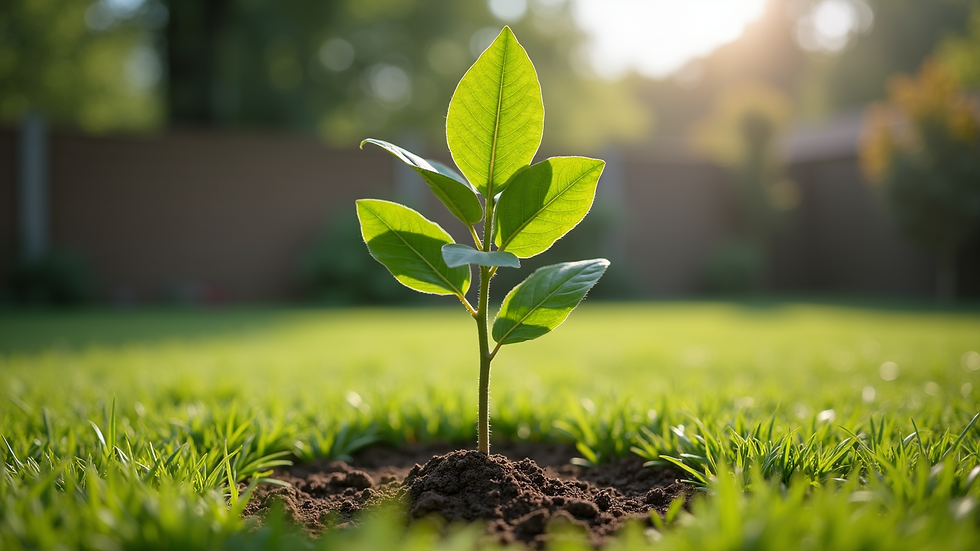 Eye-level view of a young tree planted in a spacious backyard