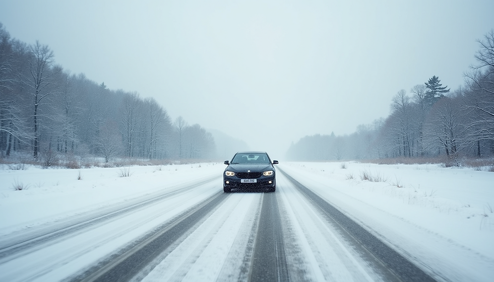 Snow covered road with a car headed towards the viewer