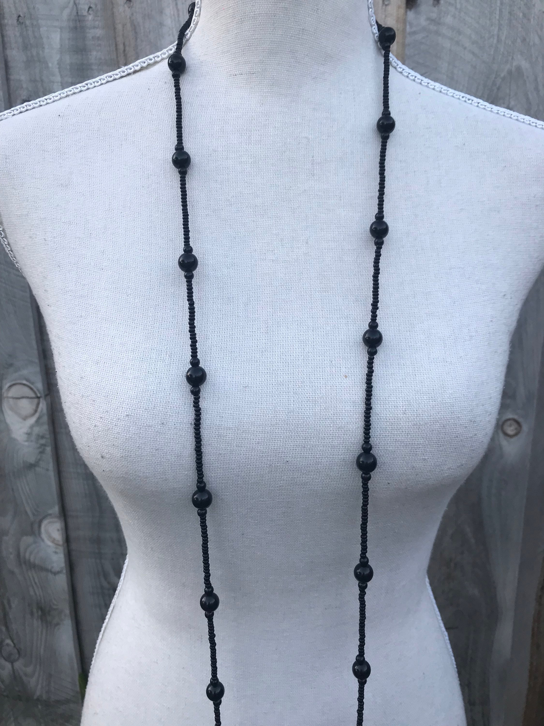BEADED JET BLACK VTG LONG NECKLACE
