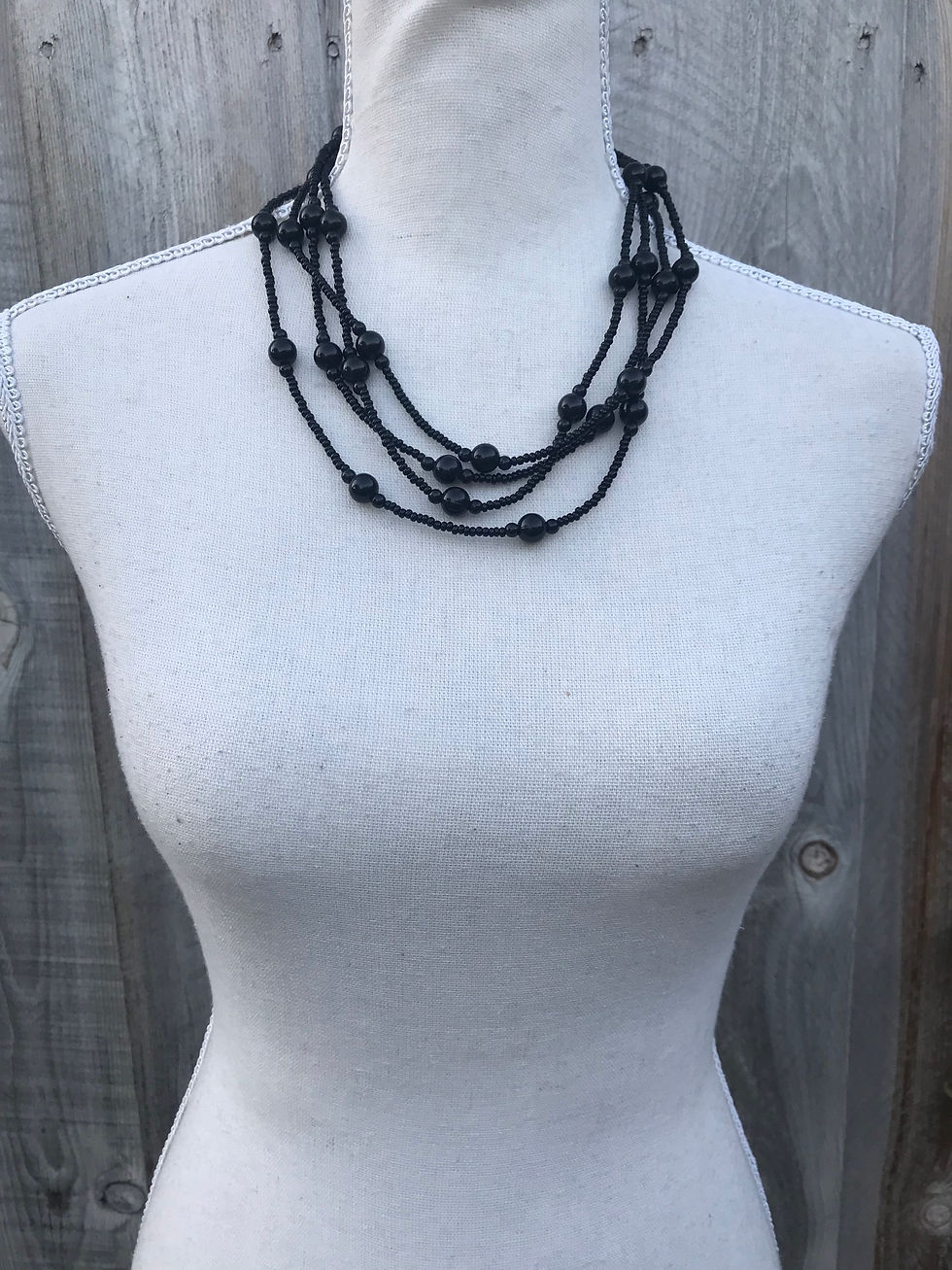 Thumbnail: BEADED JET BLACK VTG LONG NECKLACE