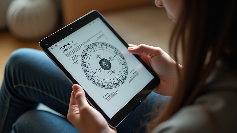 Close-up view of a person reading an astrological report on a tablet