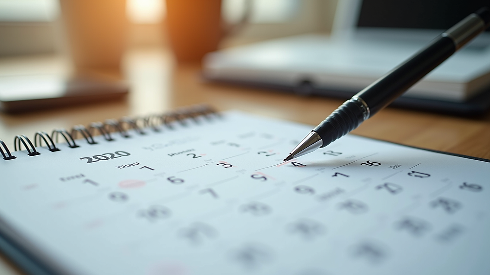 Close-up view of a calendar and a pen on a desk