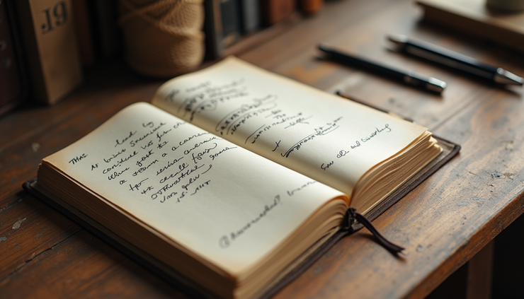 Close-up view of a dream journal with handwritten notes and sketches