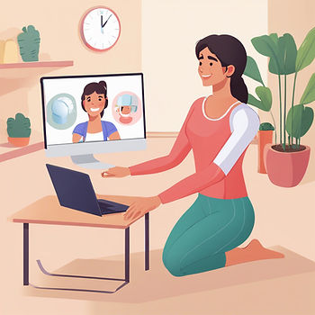 lady sits on her living room floor in front of her computer participating in virtual pelvic floor therapy
