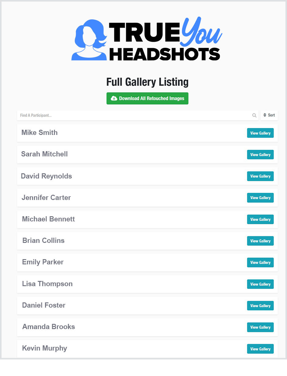 Administrator delivery gallery listing employee headshot galleries for viewing and downloading finished images.