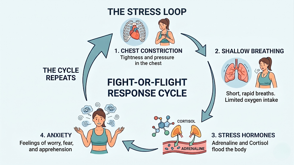 Diagram showing how tight bras trigger the fight-or-flight stress response cycle caused by chest constriction: 1) Chest constriction causes tightness and pressure, 2) Shallow breathing limits oxygen intake, 3) Stress hormones like cortisol and adrenaline flood the body, 4) Anxiety and feelings of worry result, then the cycle repeats.