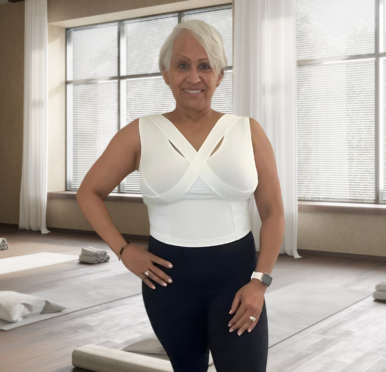 woman with a fuller bust standing facing camera in a supportive waist bra free waist length crop top