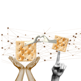 Hands hold and point at crackers connected by a network of lines and dots. A robotic hand forms a heart shape above. Retro, abstract style.
