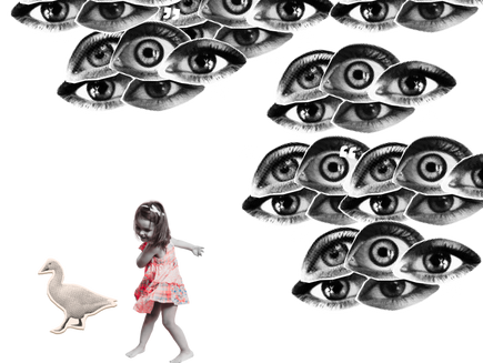 A child in a red dress dances near a goose silhouette. Overhead, collage of eyes with quotation marks creates a surreal atmosphere.