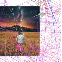 A globe with an astronaut helmet sits in a field under a starry sky, with a bird flying above and vibrant pink lines crossing the scene.