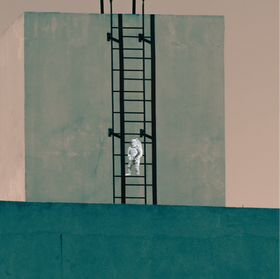 Astronaut climbing a tall metal ladder on a teal concrete structure, against a muted pink sky. Solitary and minimalist scene.