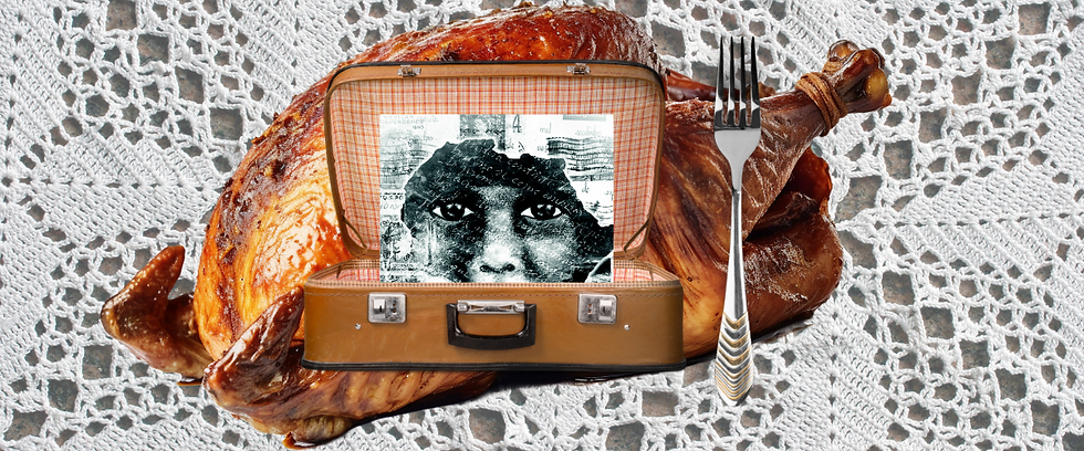 a lace table cloth and a turkey with a suitcase and a fork and a face