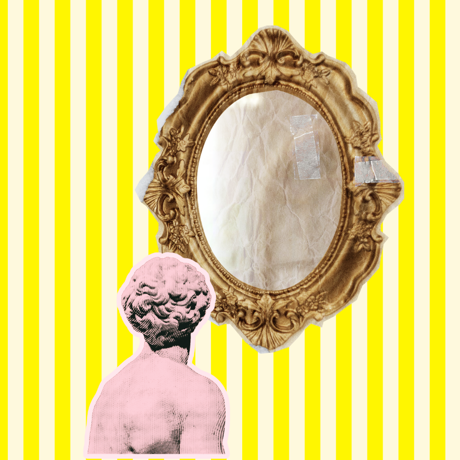 Pink statue back facing vintage mirror with taped glass, against yellow striped background. Retro and abstract aesthetic.